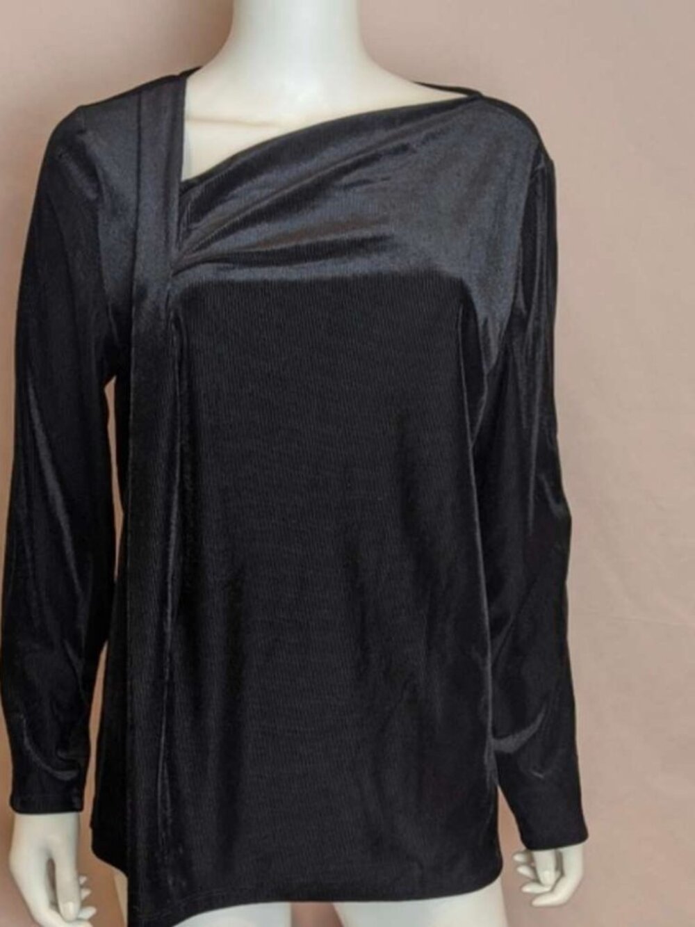 Black Ribbed Velour Long Sleeve Geometric Blouse